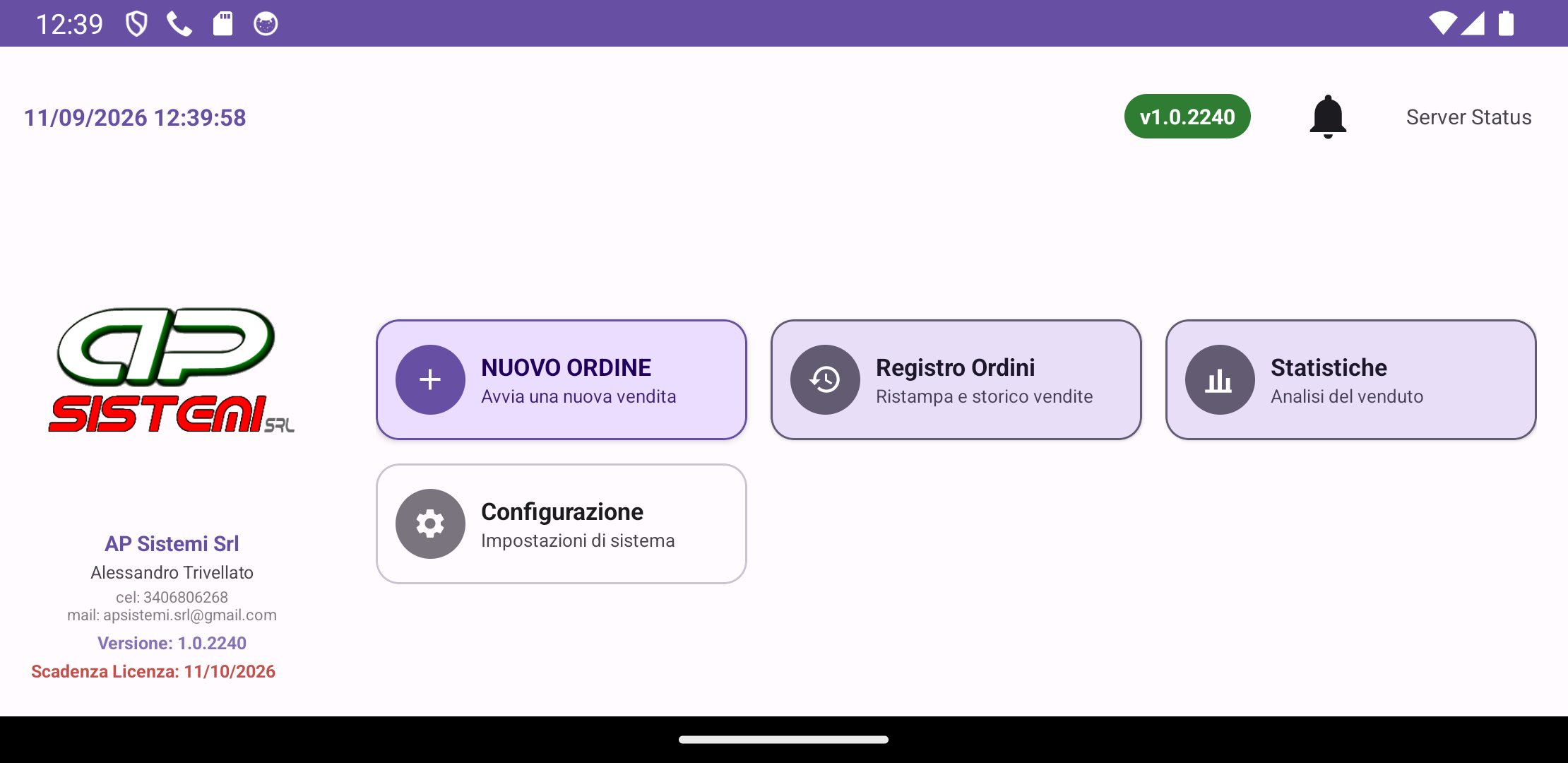 Screenshot autentico dell'applicazione Android APP_MPOS di AP Sistemi Srl con moduli Nuovo Ordine, Registro Ordini e Statistiche